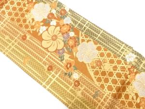 縞に籠目・花模様織り出し　袋帯